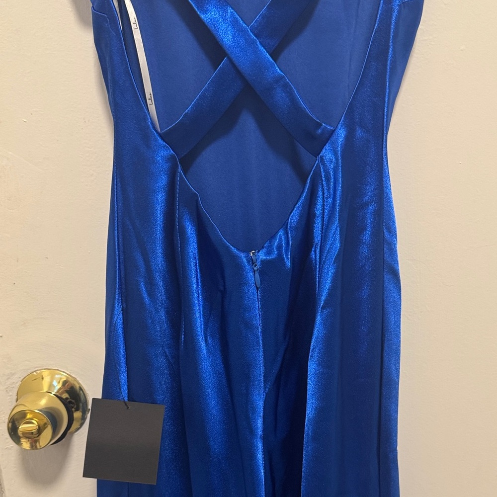 STUNNING HOLIDAY DRESS Lulu's Vibrant Blue Satin Gown - Picture 7 of 9